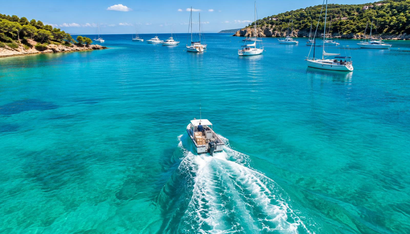 Delivery boat crossing a bay